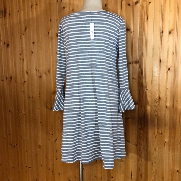 NWT Thyme & Honey Gray Striped Bell Sleeve Dress - Picture 7 of 14